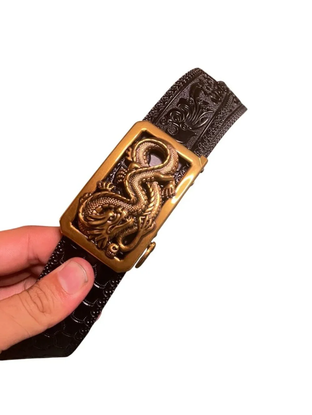 Embossed Dragon Buckle Brown Leather Belt With Gold Detailing Adjustable Fit Orn